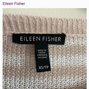 Eileen Fisher Open Knit 100% Linen Striped Tan White Sweater Size XS
